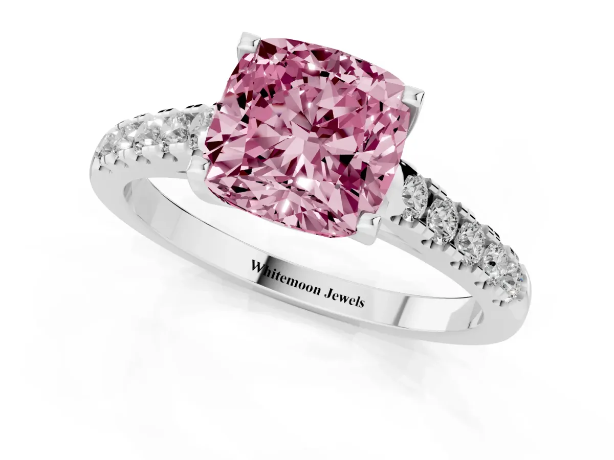 Fancy Pink Cushion Cut Diamond Pavé Band Solitaire Ring with Prong Setting Silver