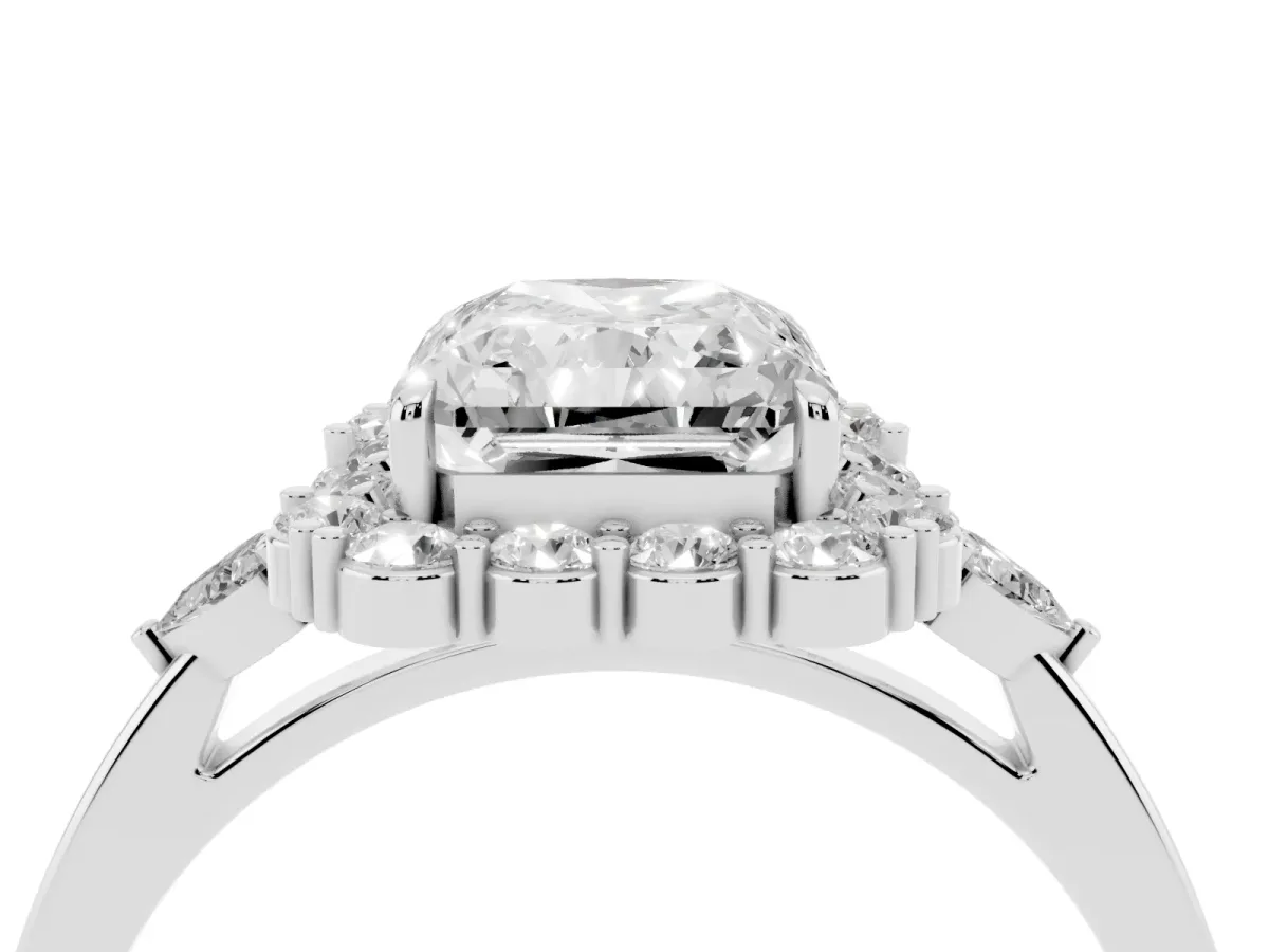 Radiant Cut Diamond Halo Ring with Pear Side Stones and Prong Setting Silver