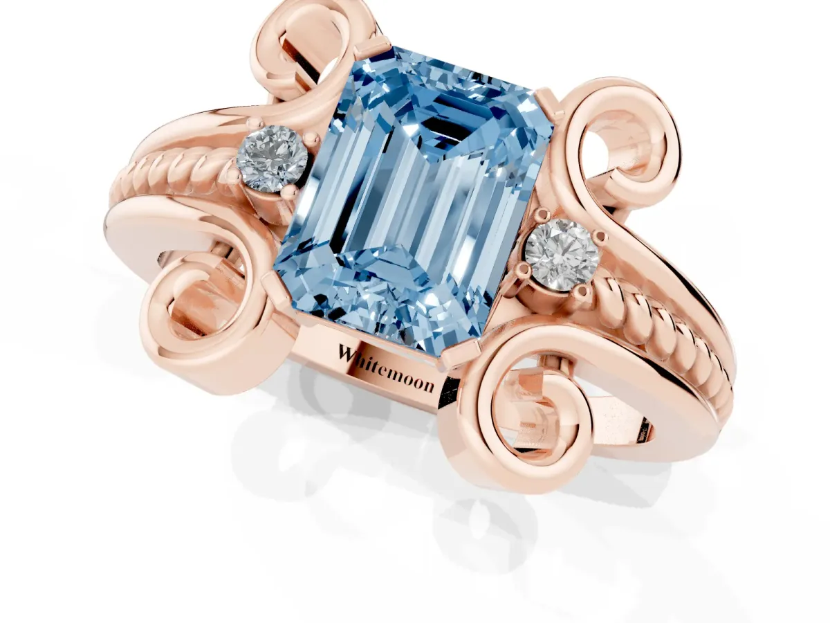 Fancy Blue Emerald Cut Solitaire Twisted Band Scroll Prong Ring Rose gold