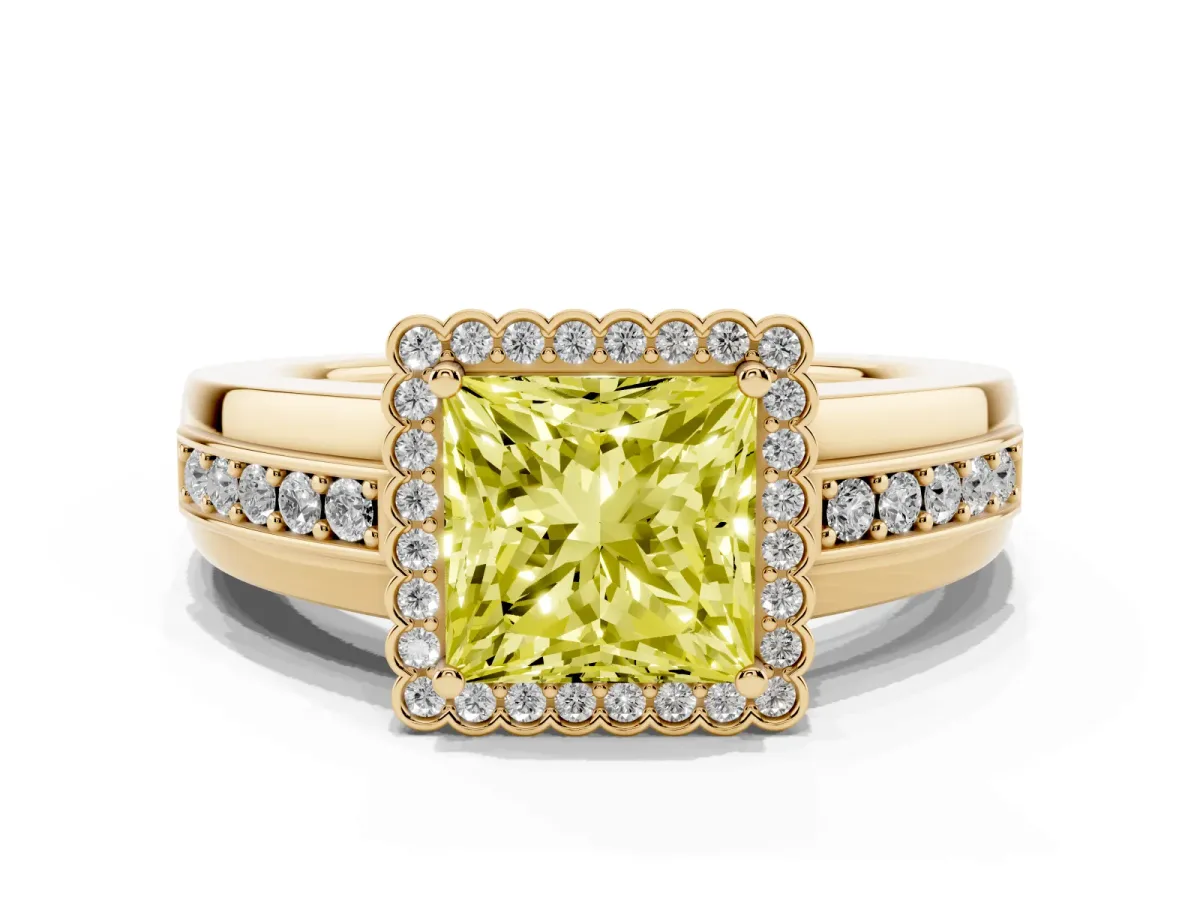 Fancy Yellow Princess Cut Cut Halo Pave Band Four-Prong Ring Yellow gold
