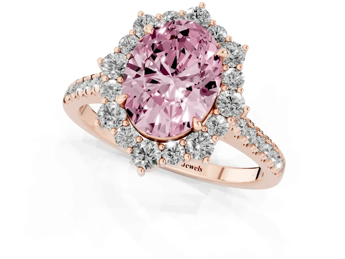 Fancy Pink Oval Cut Halo Diamond Ring with Pavé Band and Prong Setting Rose gold