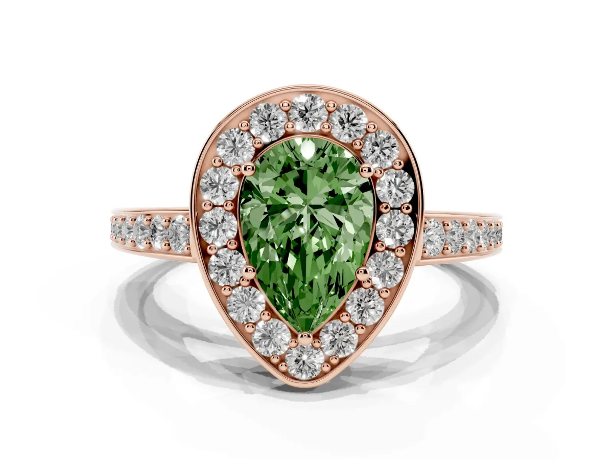 Fancy Green Pear Cut Halo Pavé Diamond Engagement Ring with Bezel Setting Rose gold