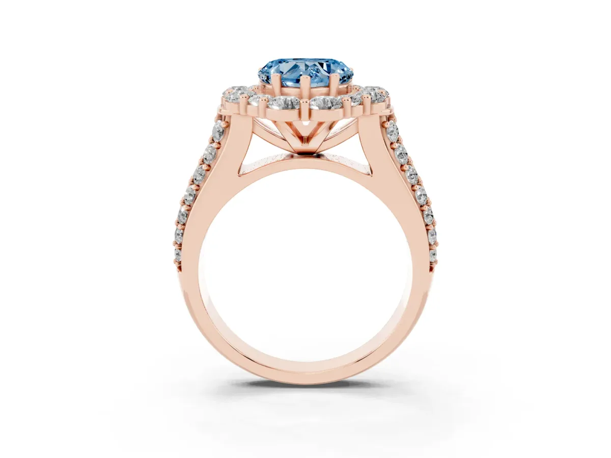 Fancy Blue Heart Cut Halo Diamond Engagement Ring with Split Shank and Prong Setting Rose gold