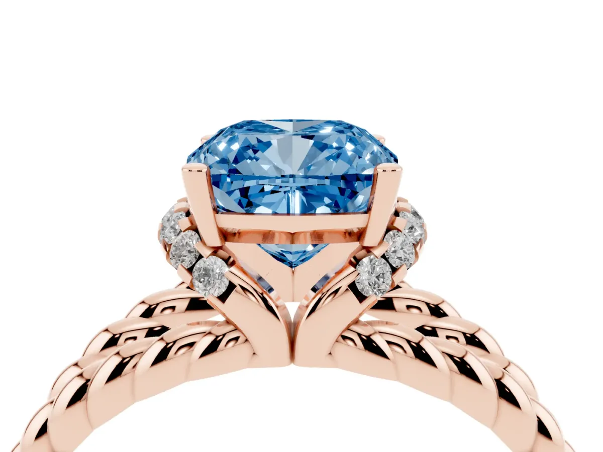 Fancy Blue Cushion Cut Halo Twisted Band Four-Prong Ring Rose gold