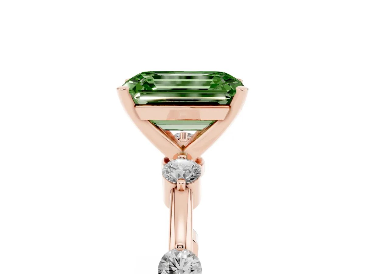 Fancy Green Emerald Cut Solitaire Diamond Ring with Bezel Set Side Stones and Prong Setting Rose gold