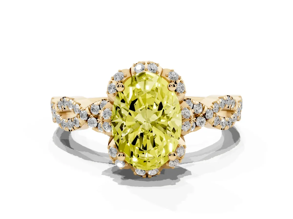 Fancy Yellow Oval Cut Halo Twist Band Solitaire Ring with Six-Prong Setting Yellow gold