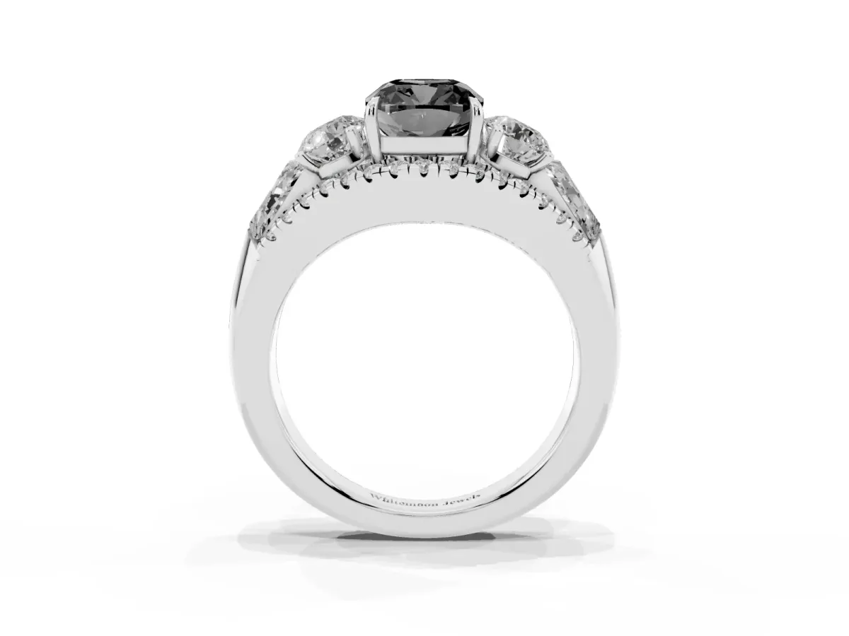 Fancy Black Three-Stone Cushion Cut Diamond Engagement Ring with Pave Band and Prong Setting Silver