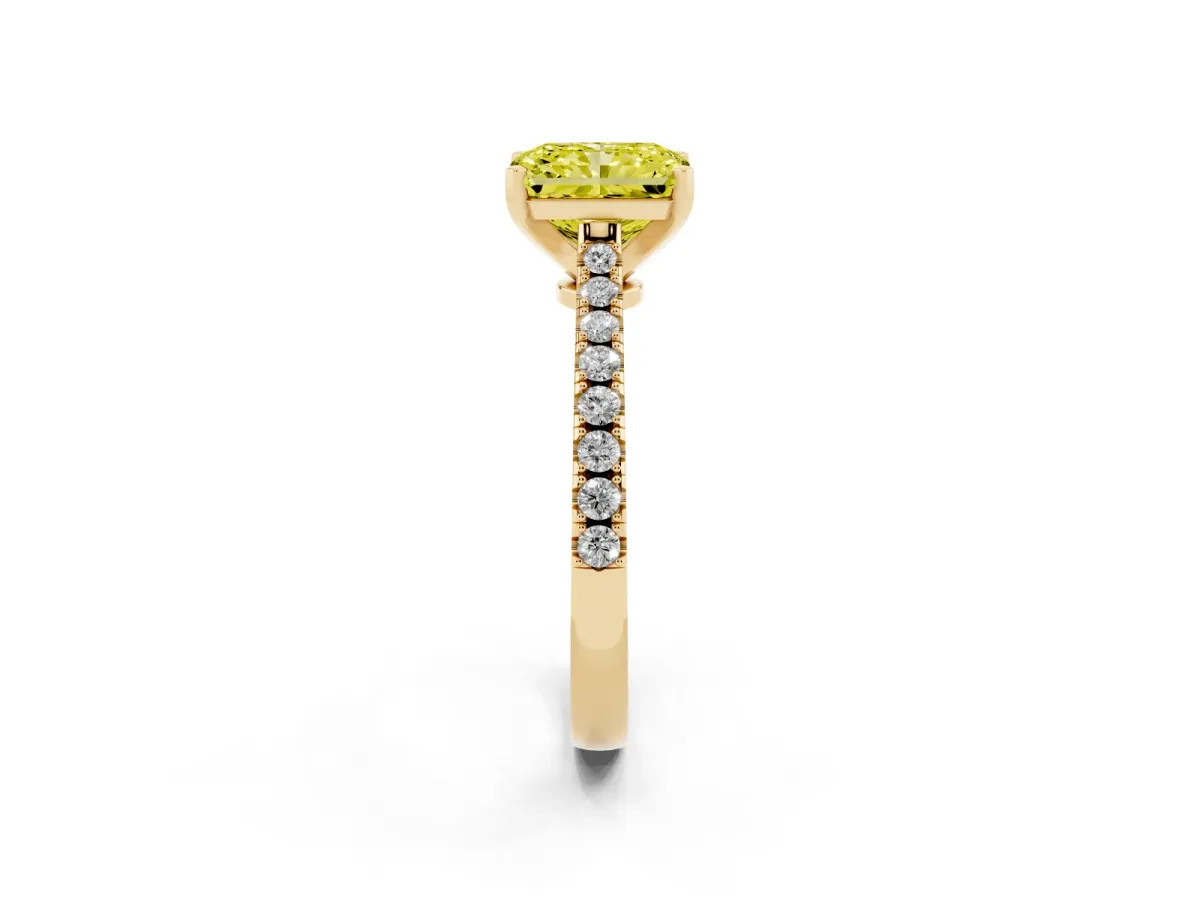 Fancy Yellow Radiant Cut Cut Solitaire Diamond Engagement Ring with Pave Band and Four-Prong Setting Yellow gold