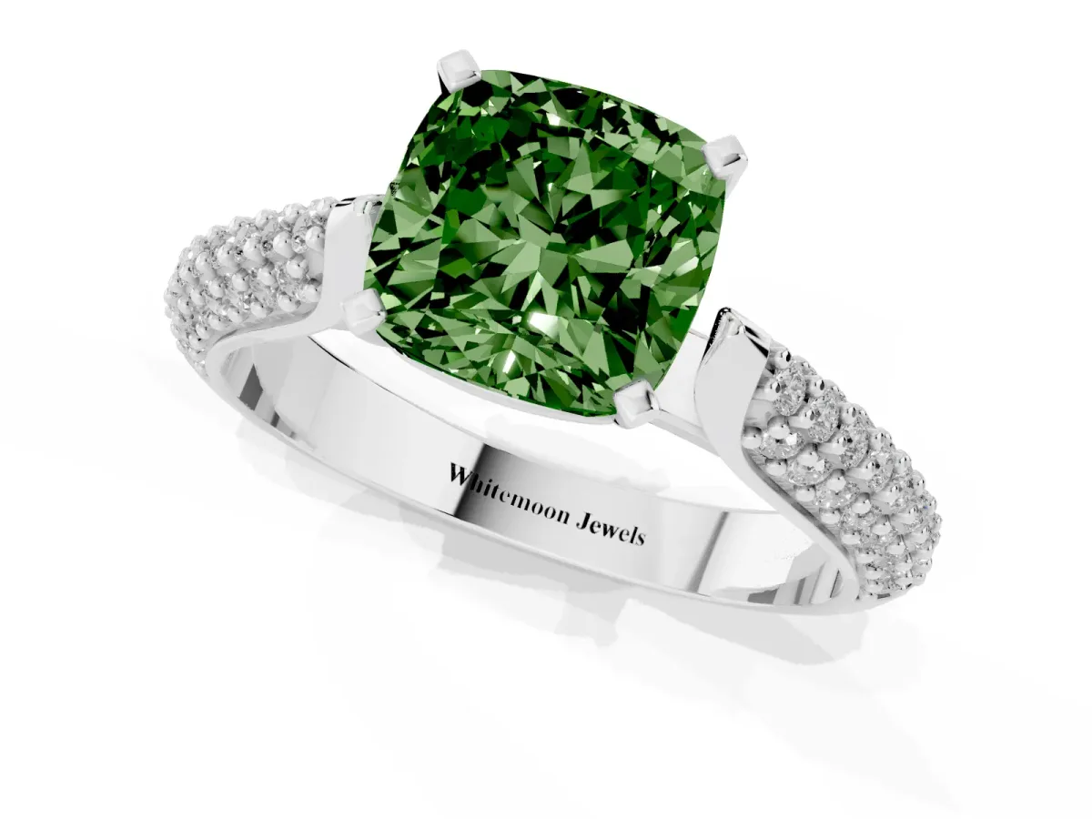 Fancy Green Cushion Cut Diamond Solitaire Engagement Ring with Multi-Row Round Pavé Band and Prong Setting Platinum