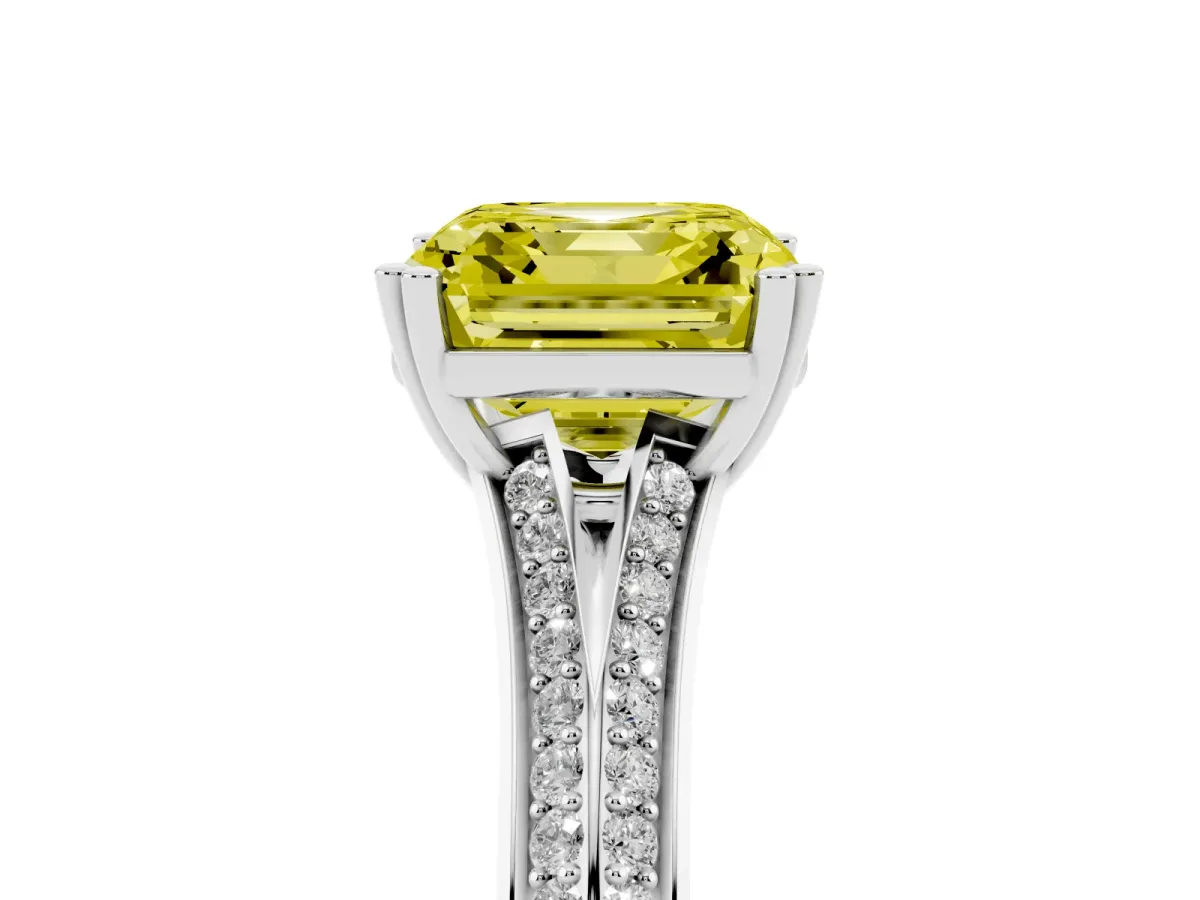 Fancy Yellow Asscher Cut Diamond Split Shank Engagement Ring with Pavé Band Silver