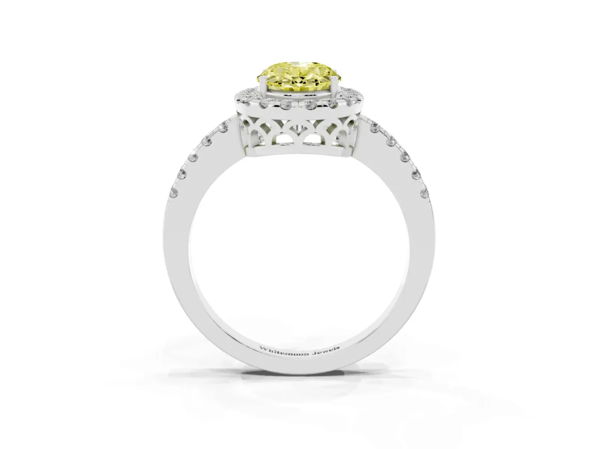 Fancy Yellow Oval Cut Halo Diamond Engagement Ring with Pavé Band and Four-Prong Setting Silver
