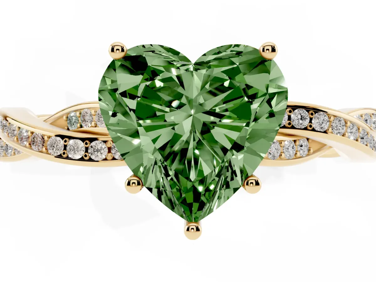 Fancy Green Heart Cut Solitaire Twisted Pave Diamond Ring with Four-Prong Setting Yellow gold