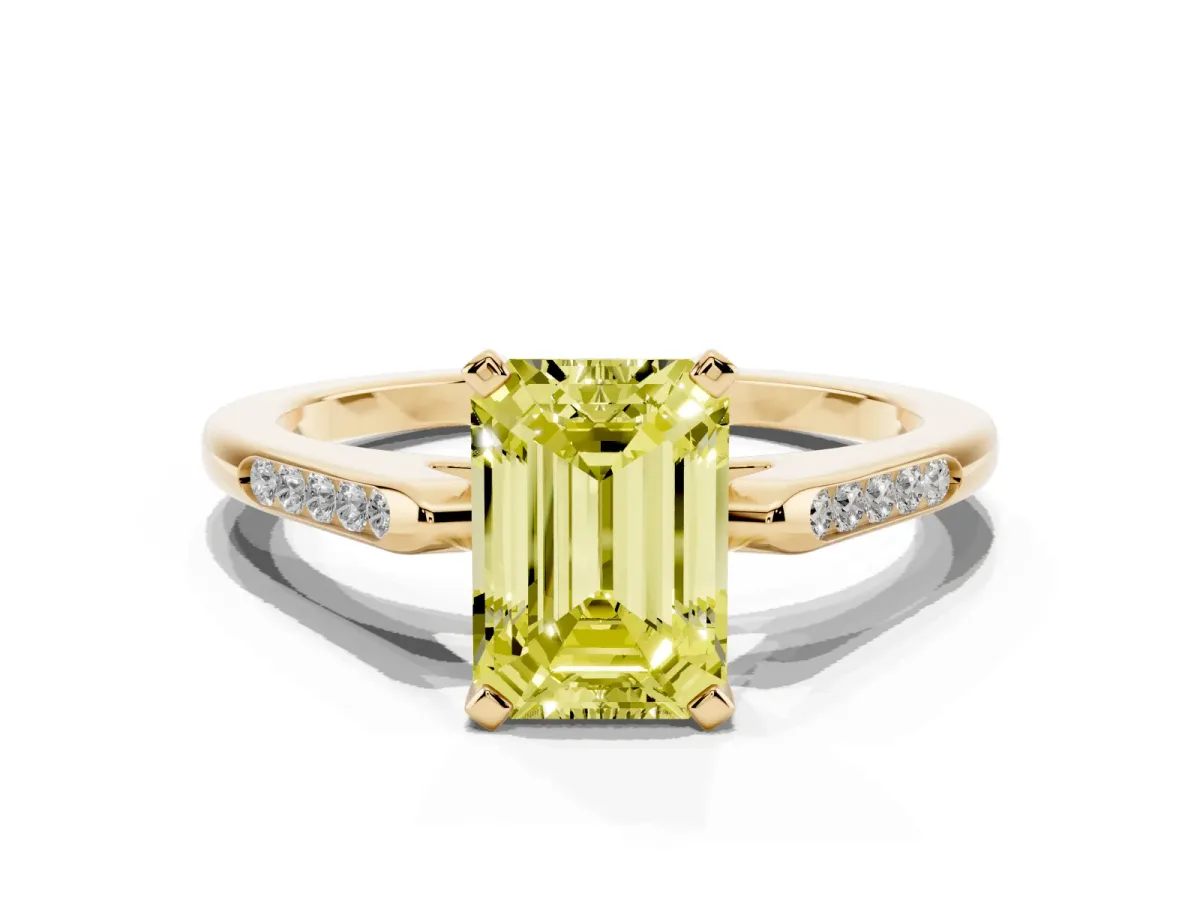 Fancy Yellow Emerald Cut Diamond Solitaire Ring with Channel Set Round Band and Prong Setting Yellow gold