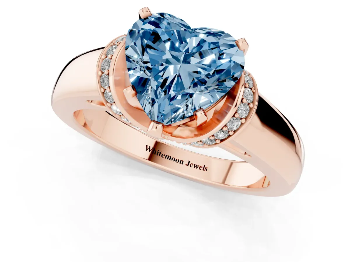 Fancy Blue Heart Cut Solitaire Diamond Ring with Pave Band and Six-Prong Setting Rose gold
