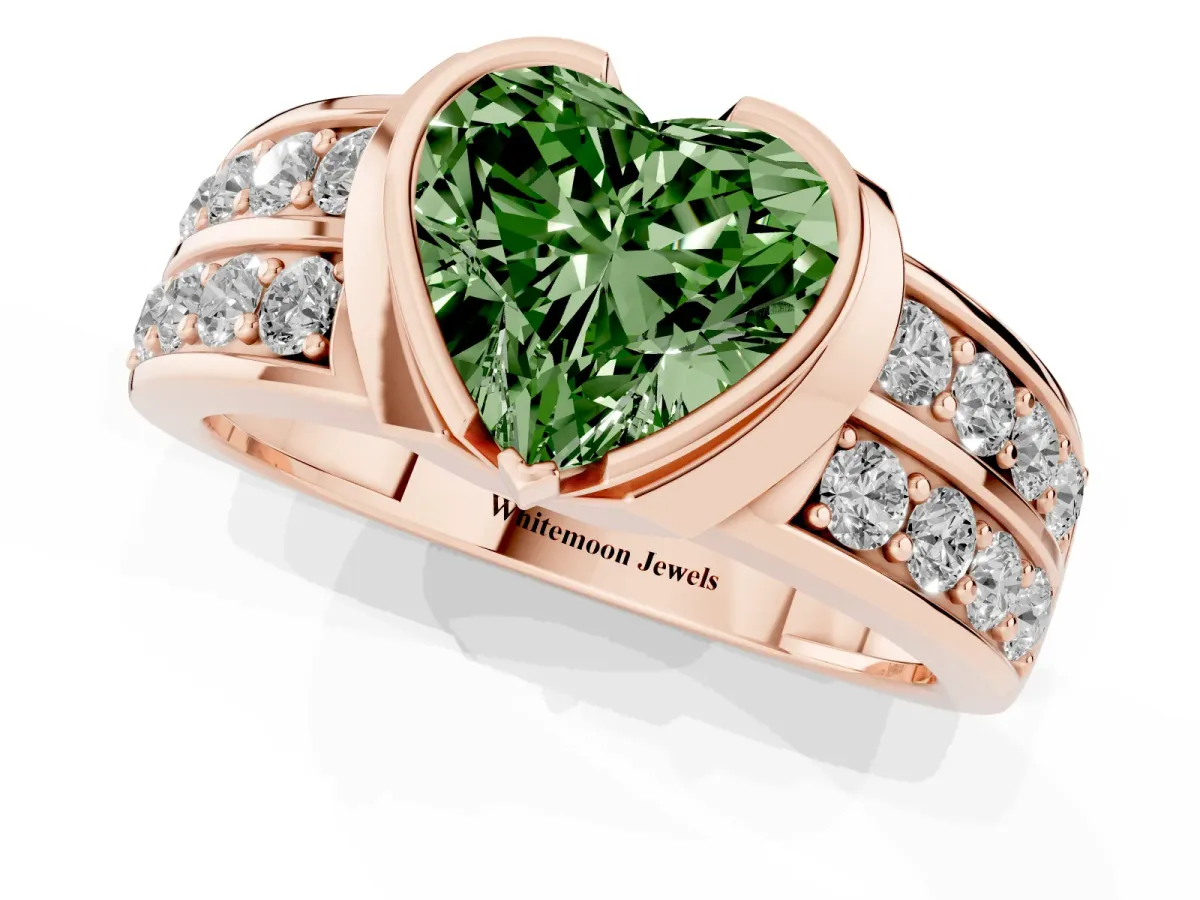 Fancy Green Heart Cut Brilliant Diamond Channel Set Wide Band Ring with Bezel Setting Rose gold