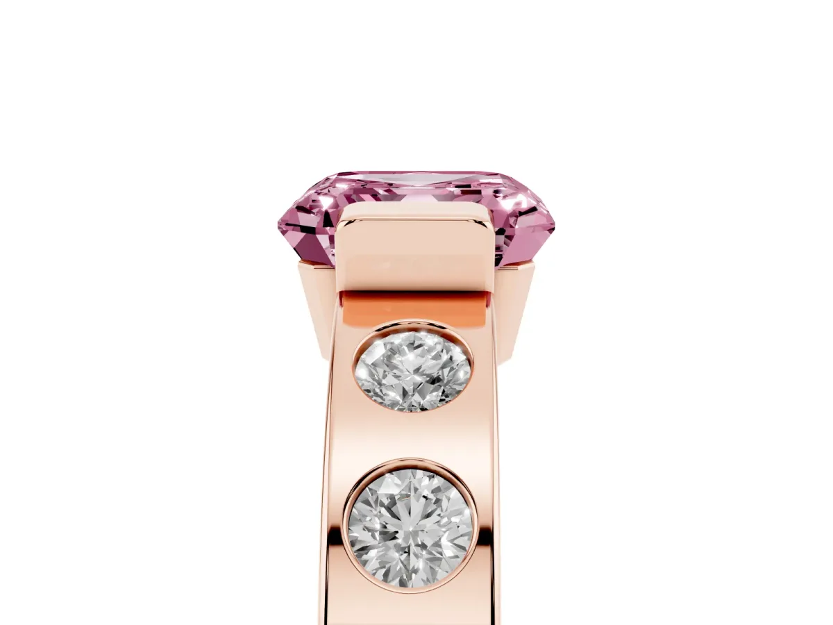 Fancy Pink Asscher Cut Brilliant Channel-Set Diamond Ring with Bezel Prong Setting Rose gold
