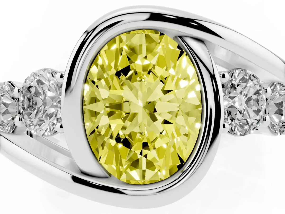 Fancy Yellow Bezel Set Oval Cut Diamond Bypass Ring with Round Accents Platinum