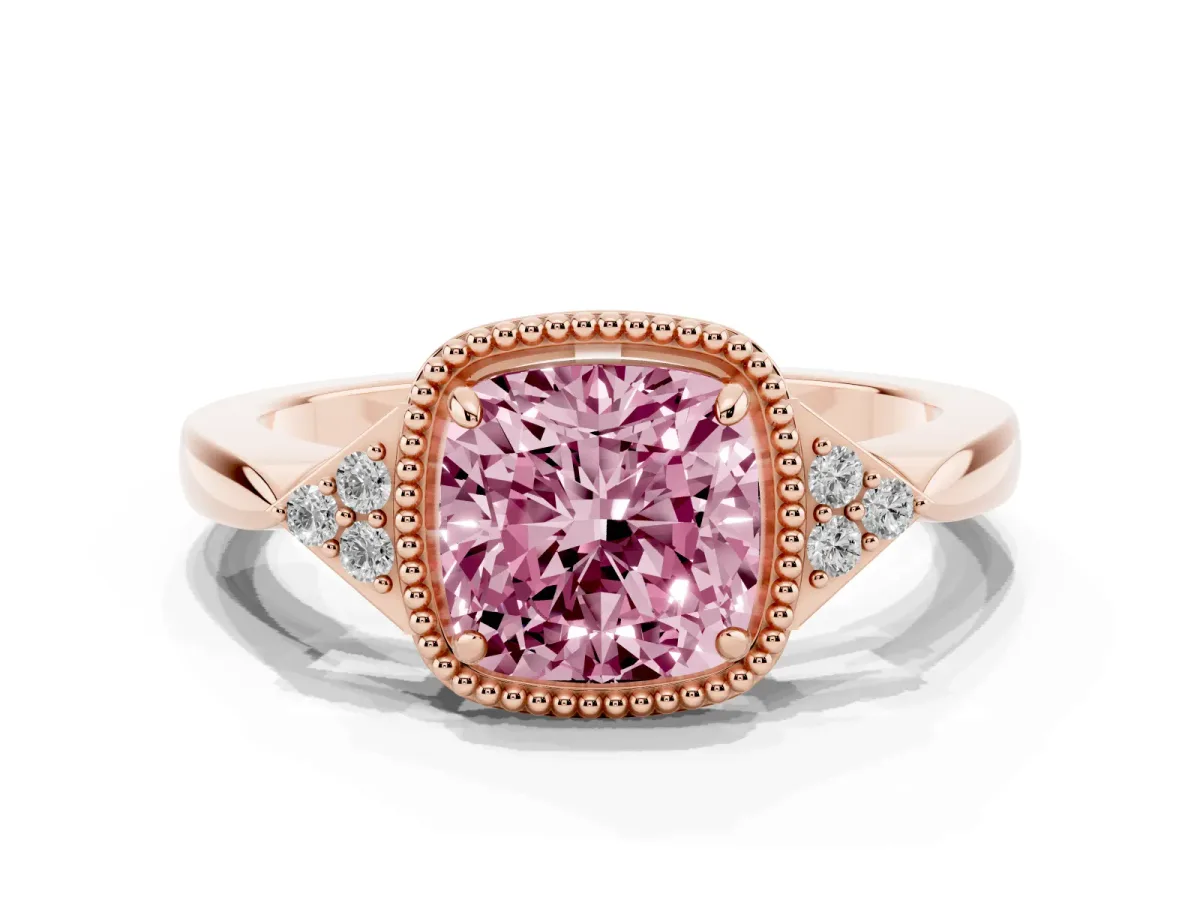 Fancy Pink Cushion Cut Diamond Halo Ring with Tapered Band and Four-Prong Setting Rose gold