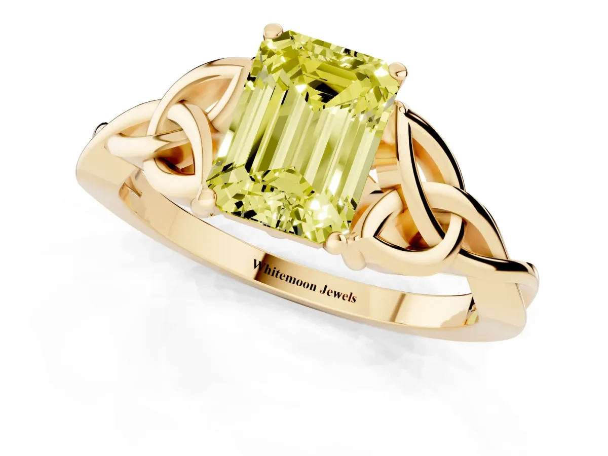 Fancy Yellow Emerald Cut Diamond Solitaire Engagement Ring with Celtic Knot Band and Four-Prong Setting Yellow gold