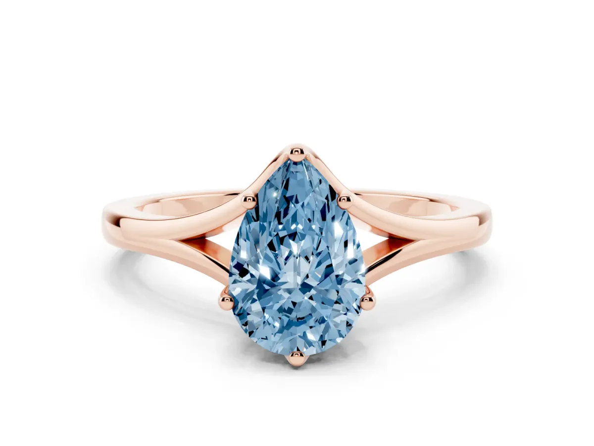 Fancy Blue Pear Cut Solitaire Diamond Ring with Six-Prong Setting and Tapered Band Rose gold