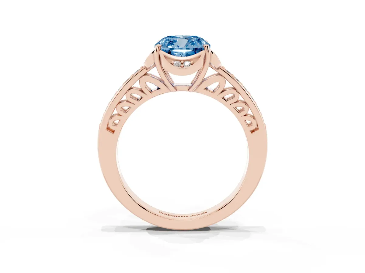 Fancy Blue Cushion Cut Cut Halo Diamond Ring with Channel Set Band and Four-Prong Setting Rose gold