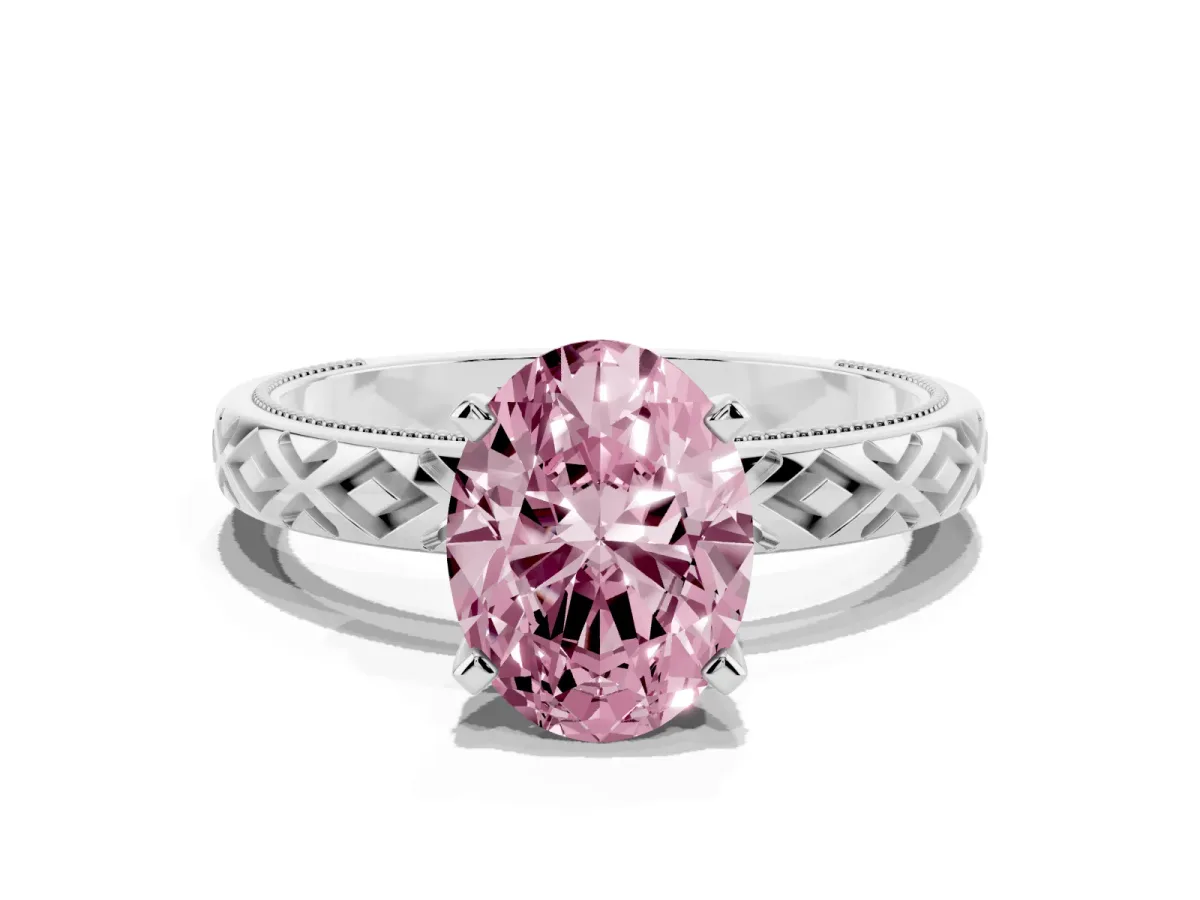 Fancy Pink Oval Cut Solitaire Diamond Ring with Milgrain and Black Enamel X Pattern Band Silver