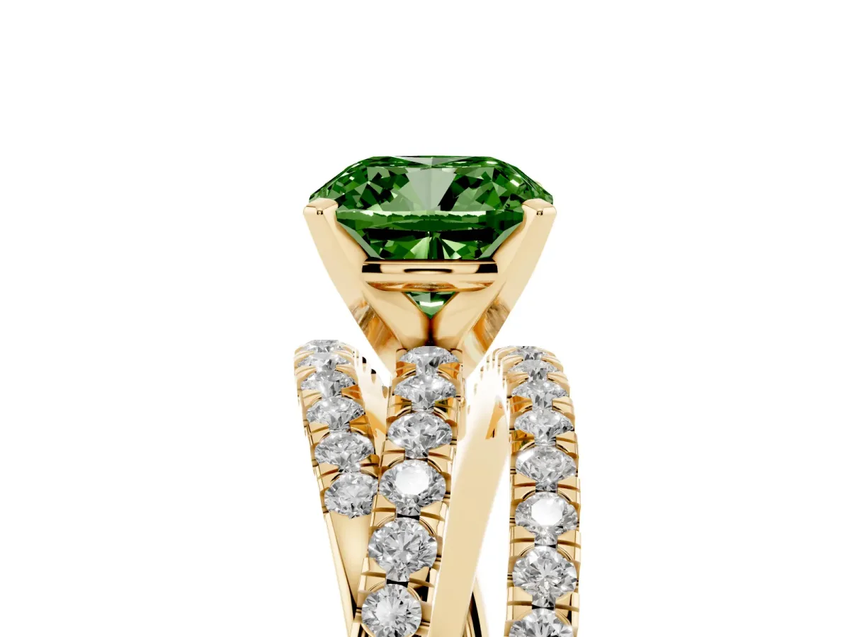 Fancy Green Cushion Cut Solitaire Twist Band with Pavé Setting and Four-Prong Setting Yellow gold