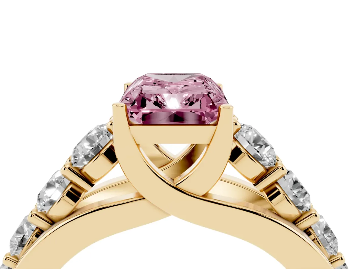 Fancy Pink Radiant Cut Diamond Engagement Ring with Pavé Band and Four-Prong Setting Yellow gold