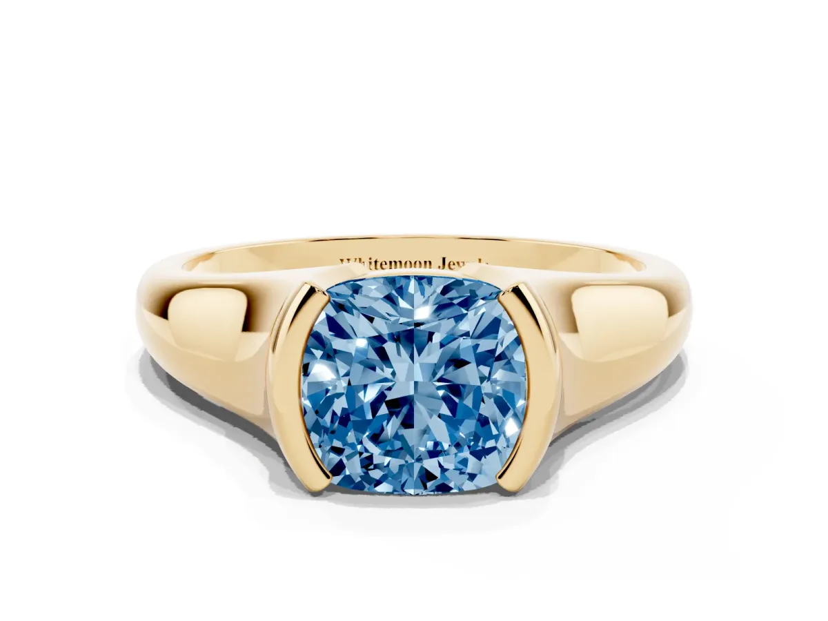 Fancy Blue Cushion Cut Solitaire Tension Set Diamond Ring with Split Shank Band Yellow gold