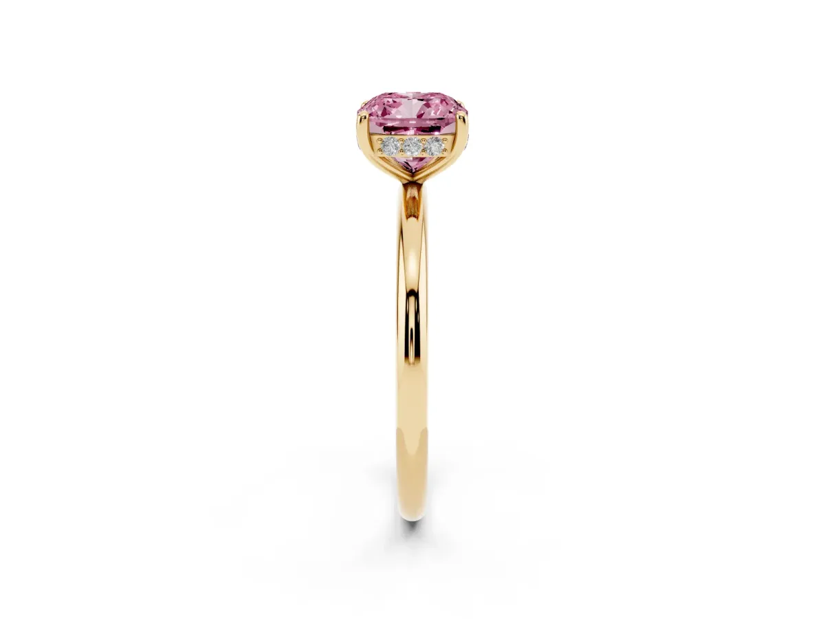 Fancy Pink Cushion Cut Solitaire Diamond Ring with a Classic Band and Four-Prong Setting Yellow gold