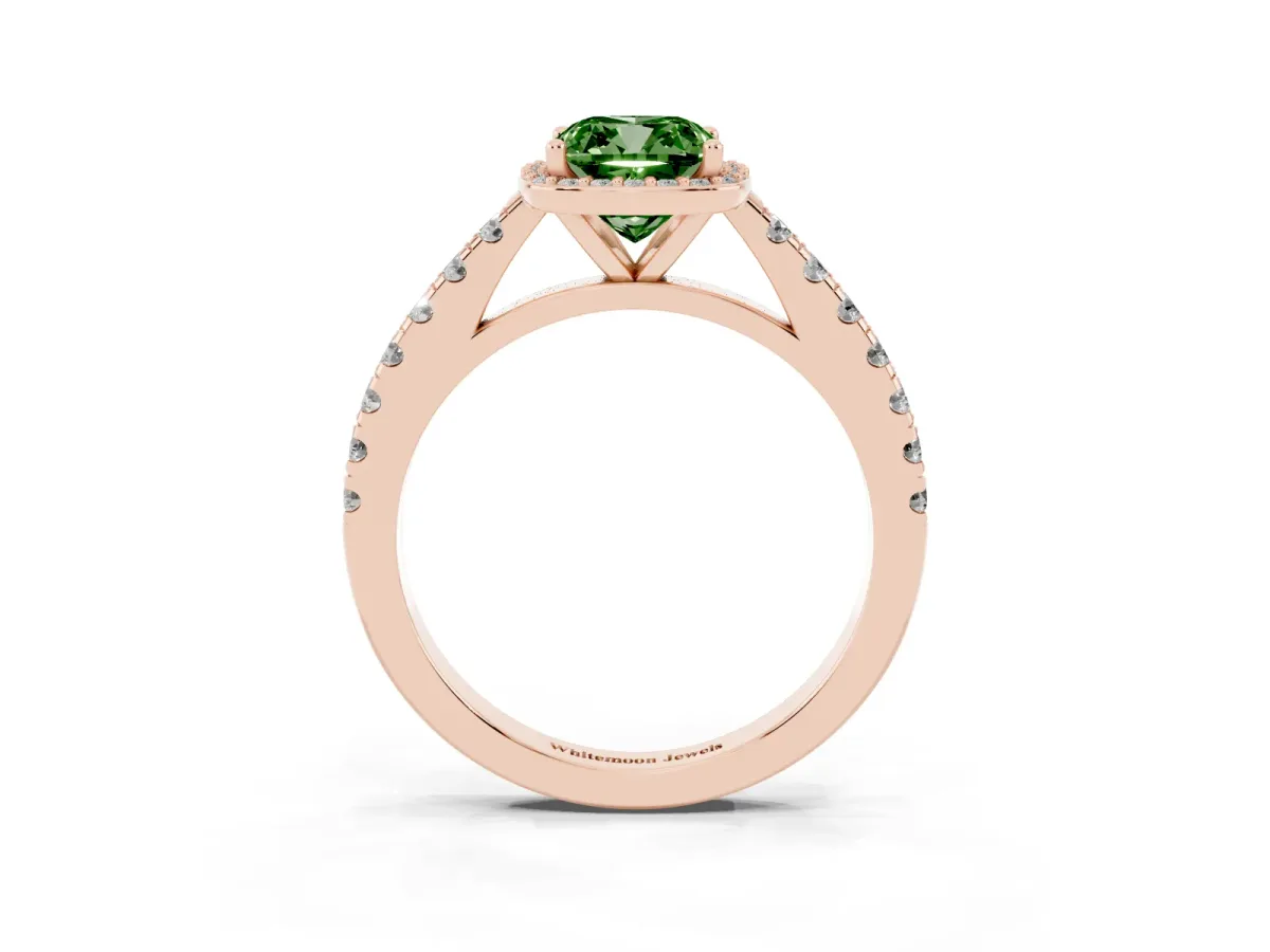 Fancy Green Cushion Cut Cut Halo Diamond Engagement Ring with Pave Band and Four-Prong Setting Rose gold