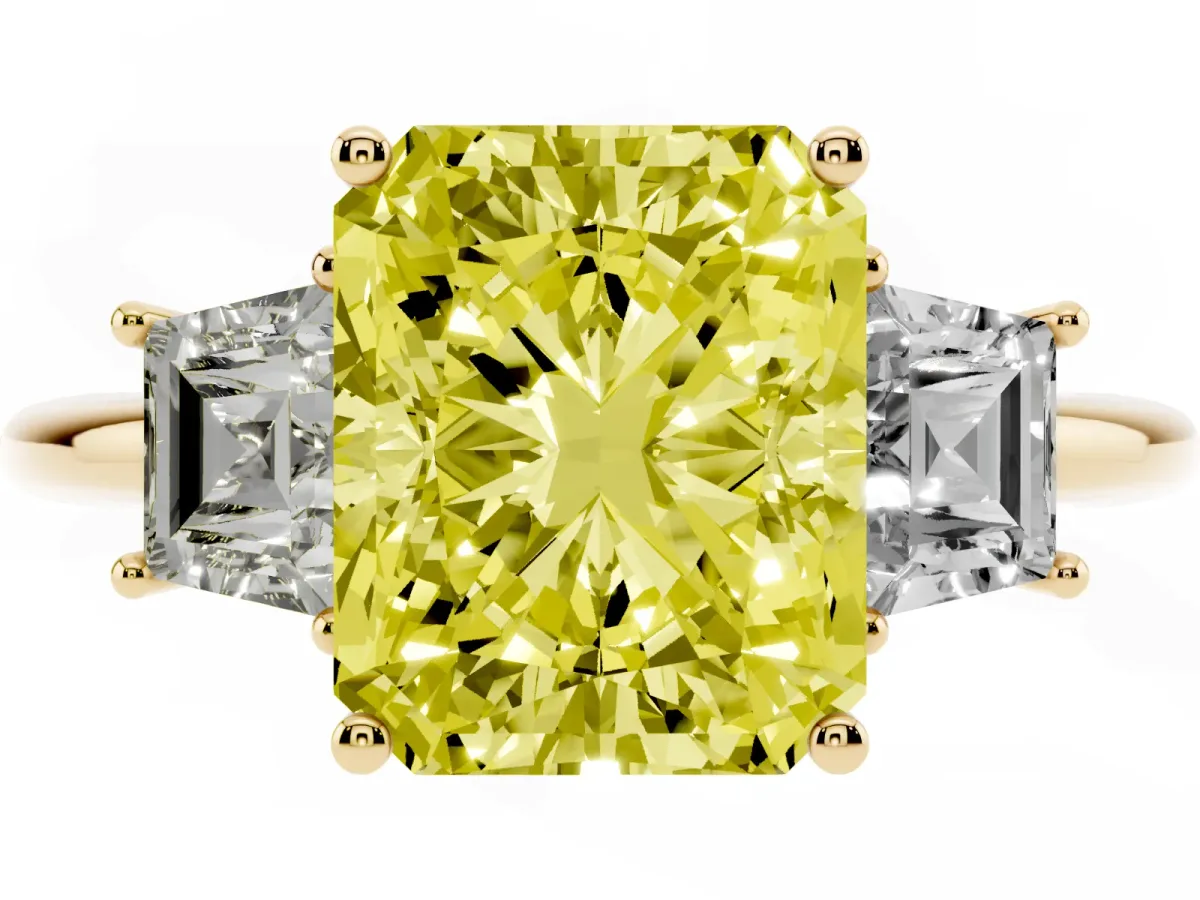 Fancy Yellow Radiant Cut Diamond Three-Stone Ring with Trapezoid Side Stones and Prong Setting Yellow gold