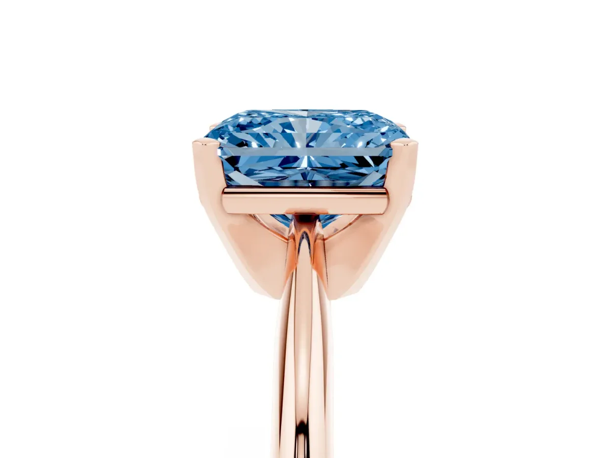 Fancy Blue Radiant Cut Cut Solitaire Ring with Four-Prong Setting on a Classic Band Rose gold