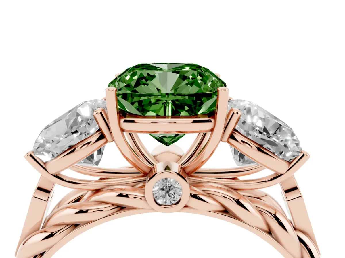 Fancy Green Three-Stone Cushion Cut Diamond Braided Band Ring with Four-Prong Setting Rose gold