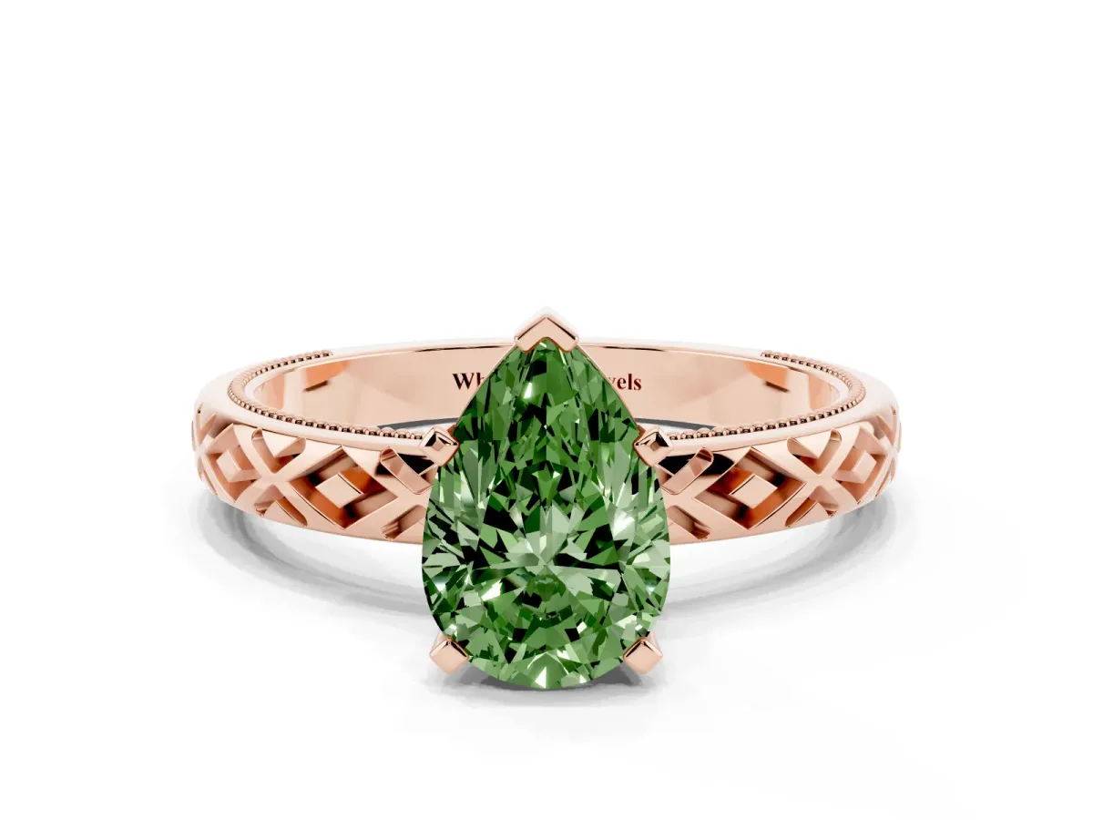 Fancy Green Pear Cut Solitaire Diamond Ring with Milgrain and Black Enamel X Pattern Band Rose gold