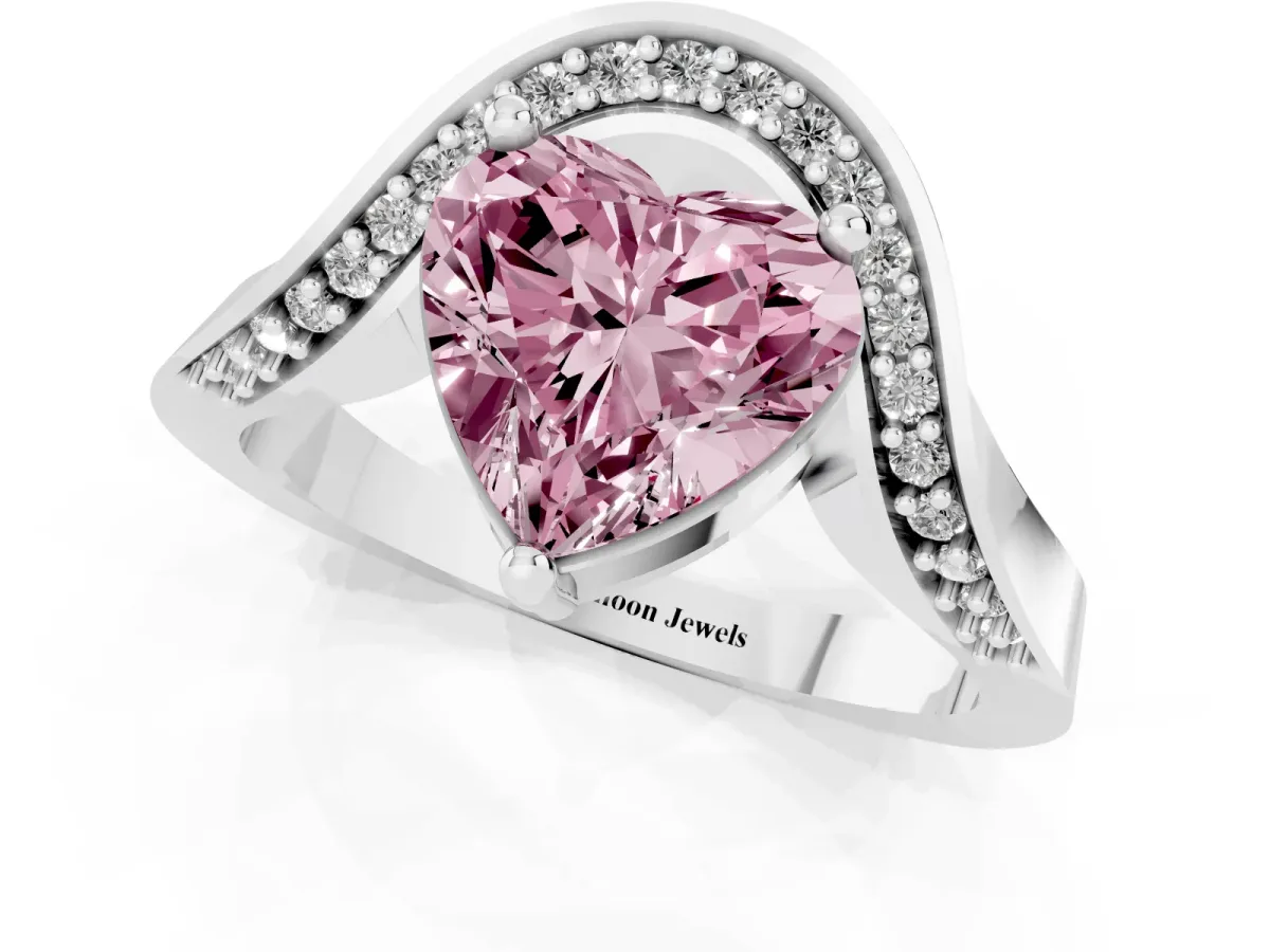 Fancy Pink Heart Cut Solitaire Diamond Engagement Ring with Pave Band and Four-Prong Setting Platinum