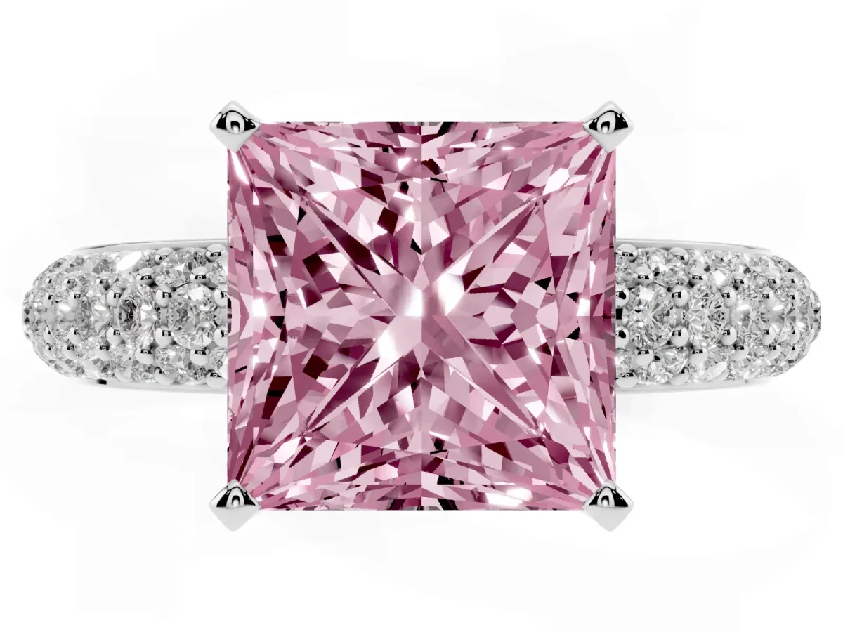Fancy Pink Princess Cut Diamond Solitaire Ring with Prong Setting and Pavé Band Platinum