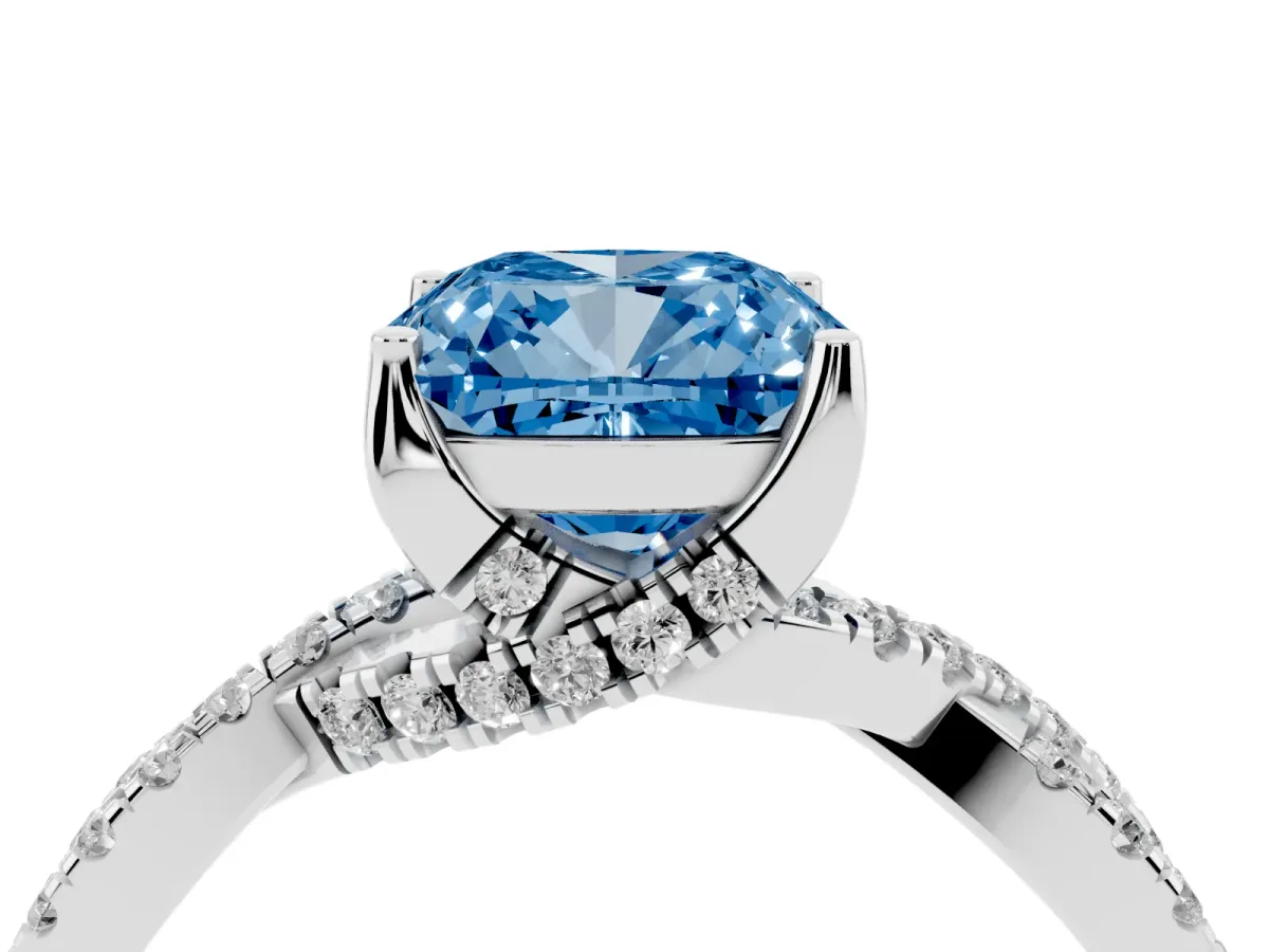 Fancy Blue Cushion Cut Solitaire Twist Pave Diamond Engagement Ring with Prong Setting Silver