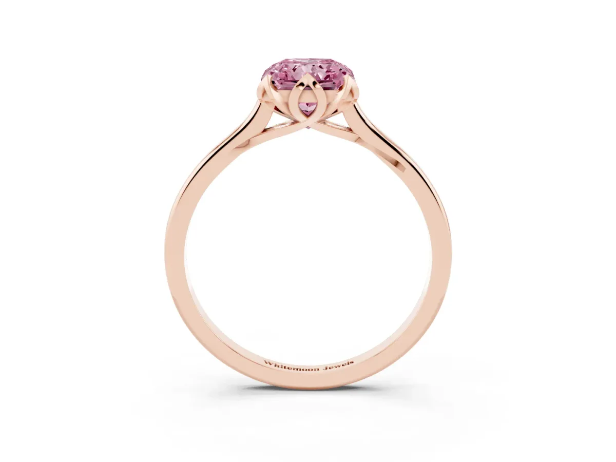 Fancy Pink Radiant Cut Diamond Solitaire Ring with Flower Prong Setting and Classic Band Rose gold