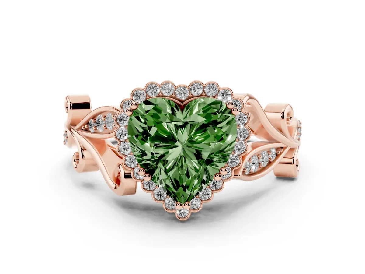 Fancy Green Heart Cut Diamond Halo Ring with Vintage Split Shank and Four-Prong Setting Rose gold