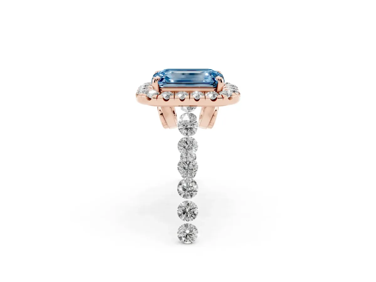 Fancy Blue Emerald Cut Halo Pavé Diamond Engagement Ring with Four-Prong Setting Rose gold
