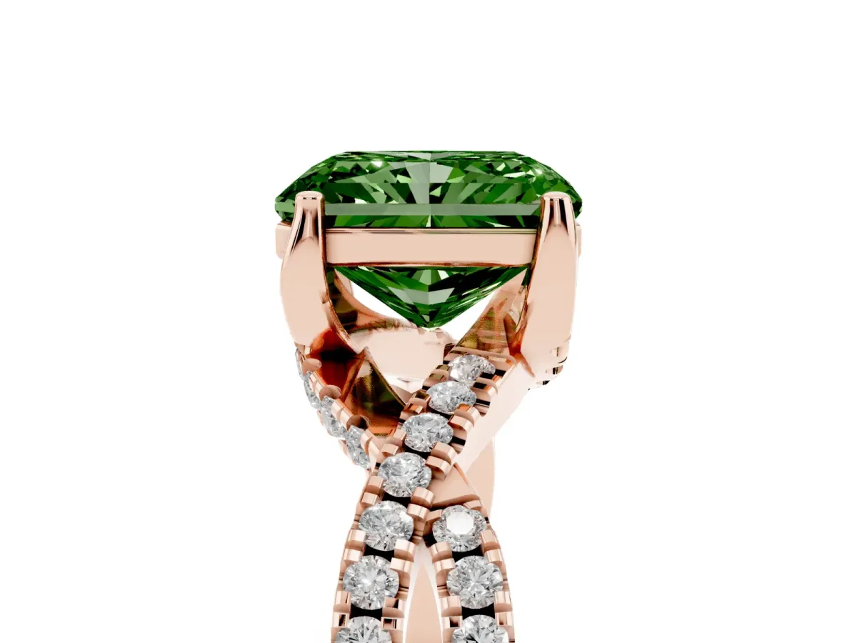 Fancy Green Radiant Cut Solitaire Twist Pave Diamond Engagement Ring with Prong Setting Rose gold