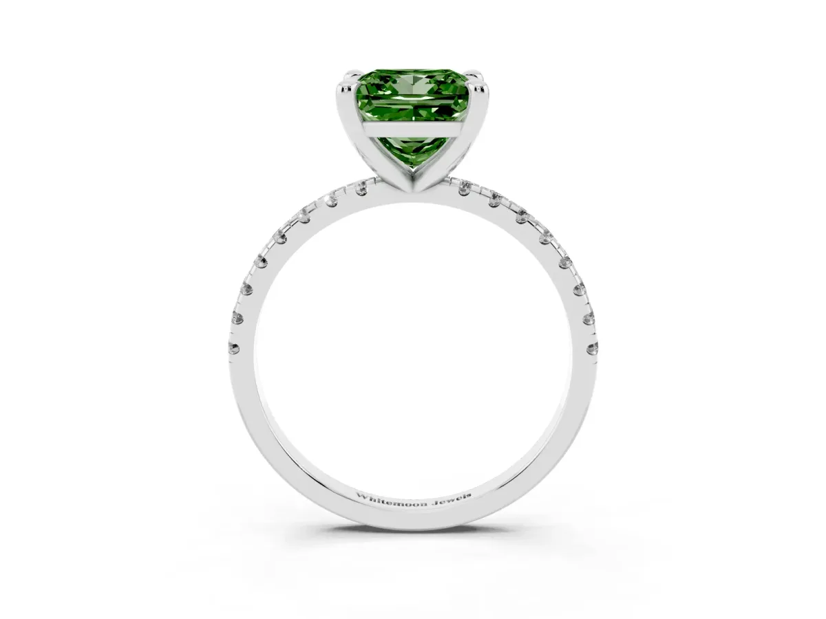 Fancy Green Princess Cut Diamond Brilliant Solitaire Ring with Pavé Band and Four-Prong Setting Platinum