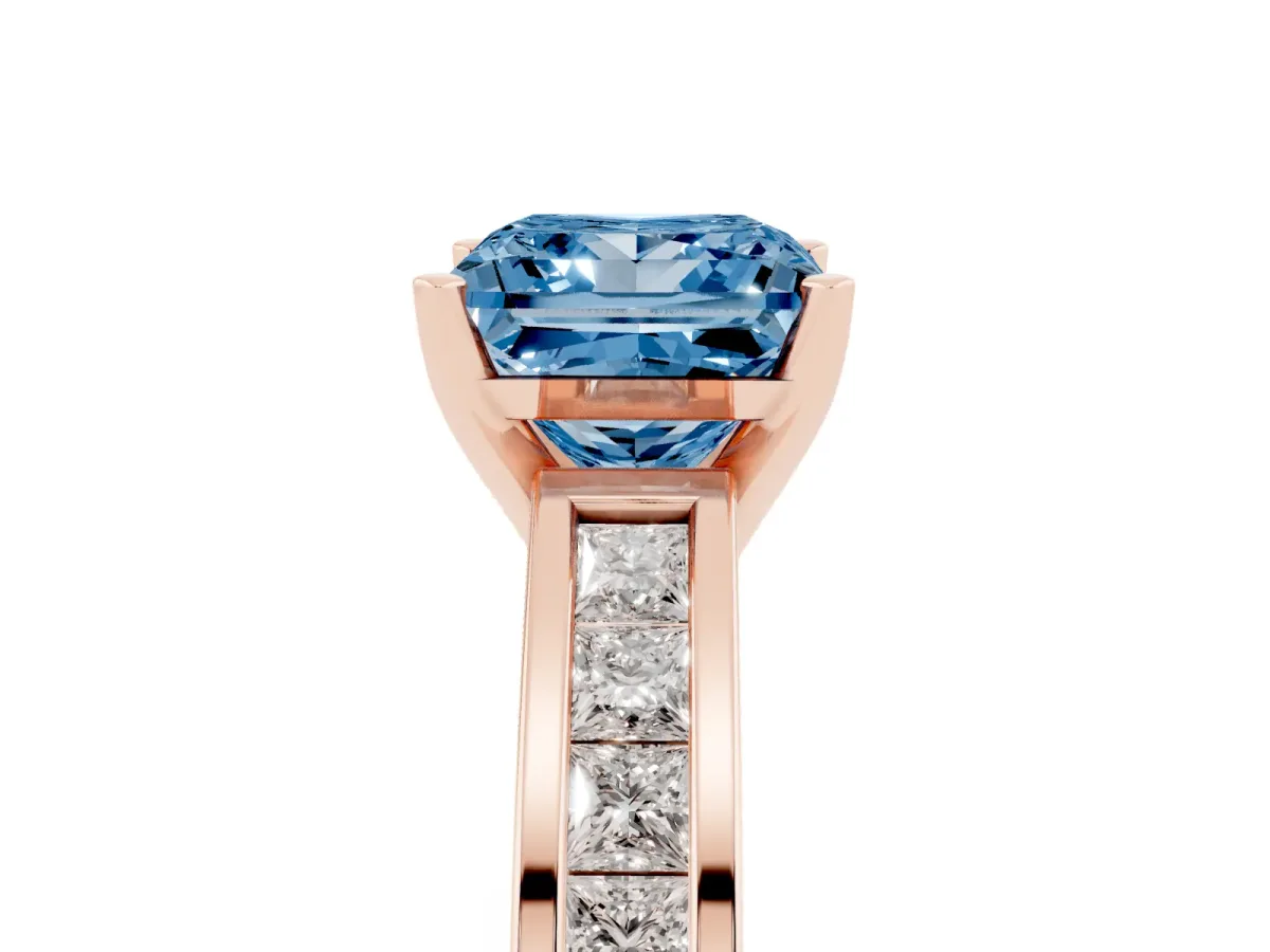 Fancy Blue Princess Cut Solitaire Diamond Ring with Channel-Set Band and Four-Prong Setting Rose gold