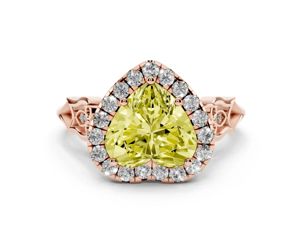 Fancy Yellow Heart Cut Halo Diamond Engagement Ring with Filigree Band and Four-Prong Setting Rose gold