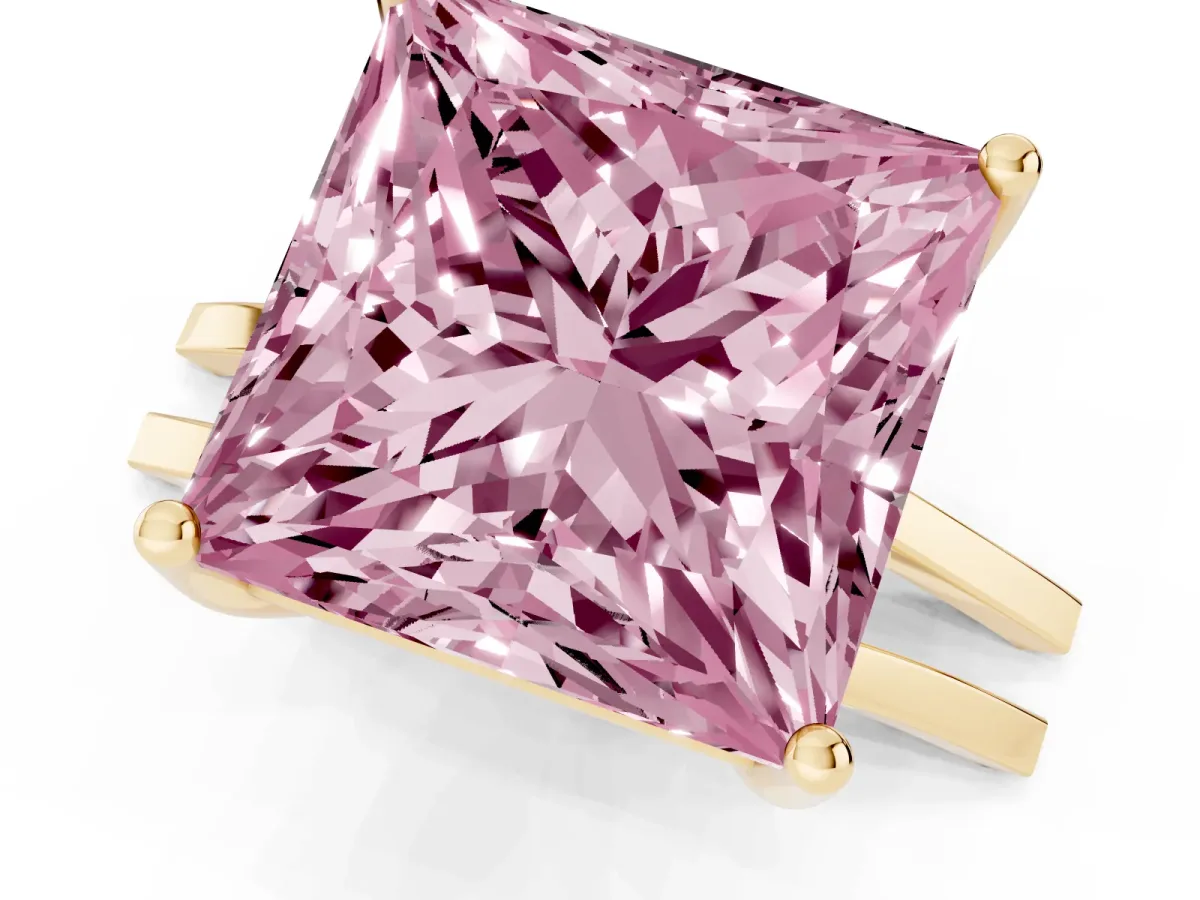 Fancy Pink Princess Cut Cut Diamond Solitaire Engagement Ring with Tapered Plain Band and Four-Prong Setting Yellow gold