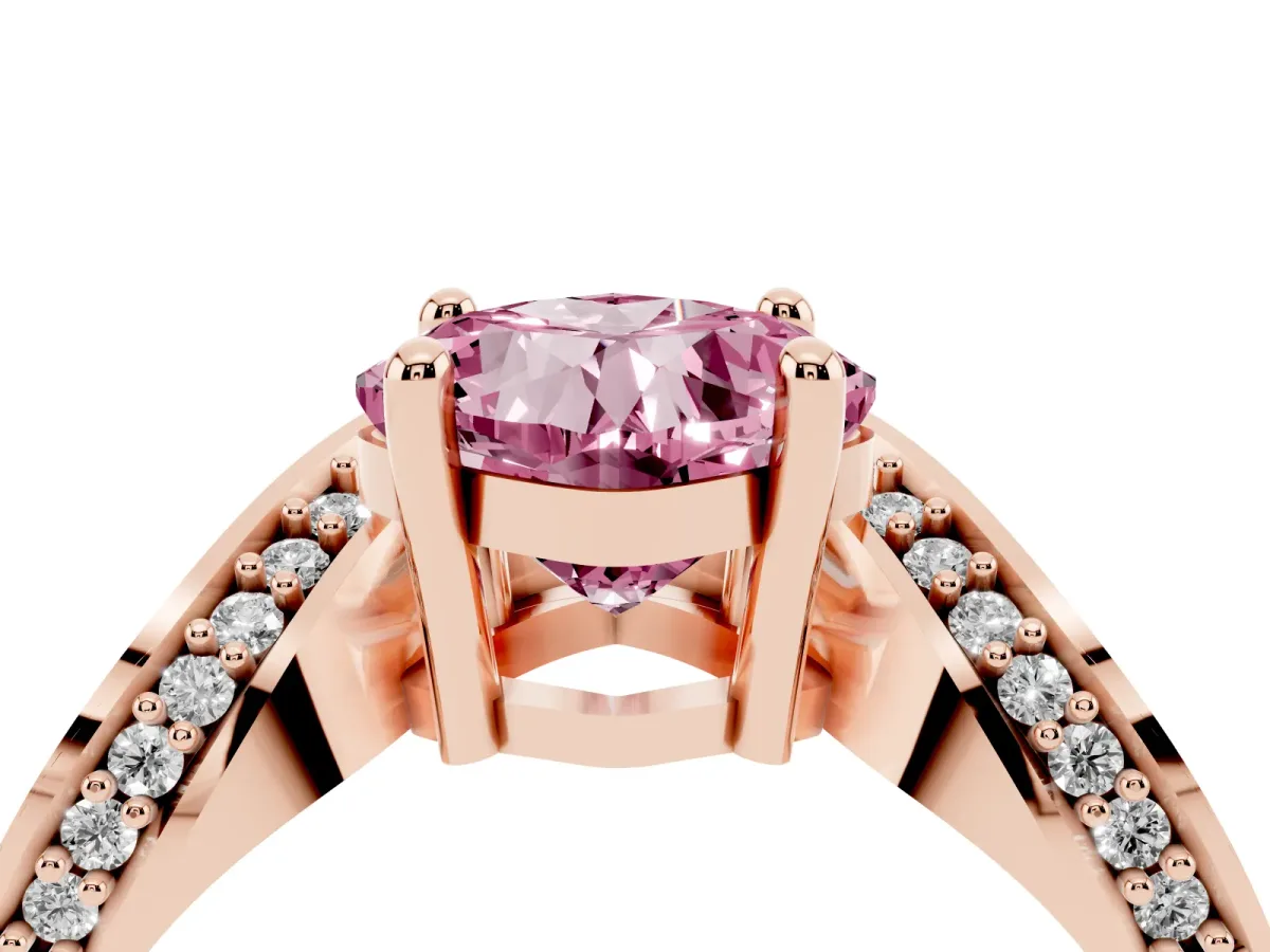 Fancy Pink Cushion Cut Solitaire Diamond Engagement Ring with Pave Band and Four-Prong Setting Rose gold