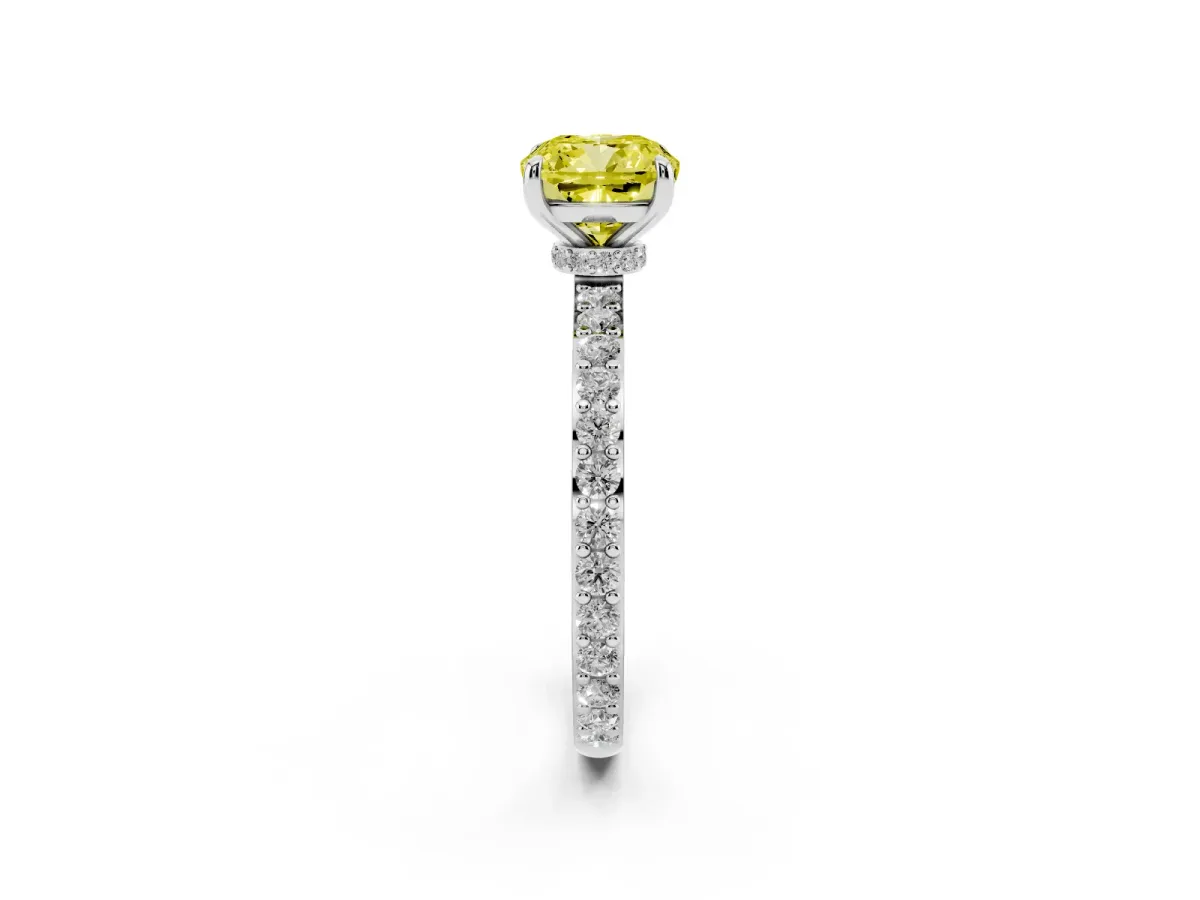 Fancy Yellow Cushion Cut Diamond Pavé Engagement Ring with Round Accents and Prong Setting Silver