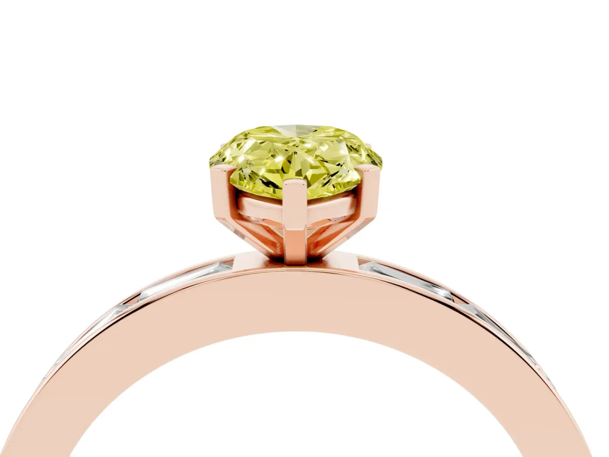 Fancy Yellow Pear Cut Solitaire Diamond Ring with Channel-Set Baguette Band and Four-Prong Setting Rose gold