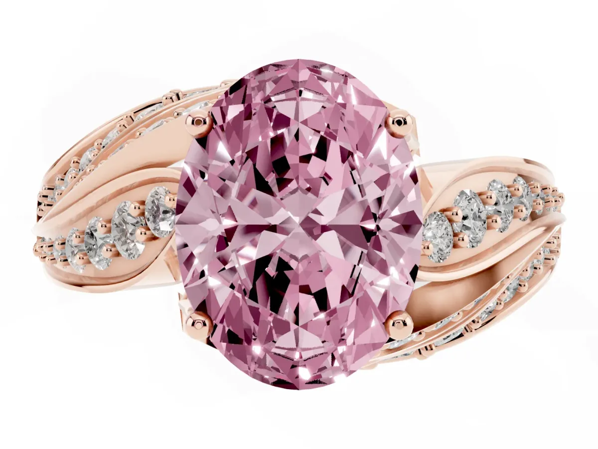 Fancy Pink Oval Cut Diamond Solitaire Ring with Prong Setting and Twisted Pavé Band Rose gold